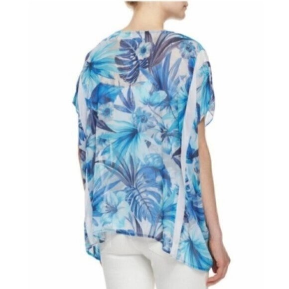 Neiman Marcus Blonde M Sheer Caftan Blue Floral Print Tie-Front Beach Vacation - Picture 8 of 9